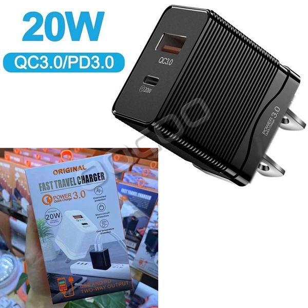 Chargeur rapide universel QC3.0 PD 20W Type C Adaptateur de charge rapide USB Double ports Chargeurs muraux pour téléphone portable Type-C avec emballage de vente au détail