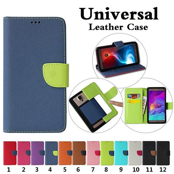 Cartera universal PU Flip con ranura para tarjeta de crédito Funda de cuero para funda de teléfono de 3,5 pulgadas a 6,0 pulgadas para iPhone Samsung Huawei XiaoMi LG 12 colores