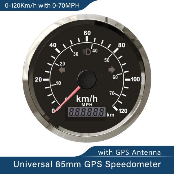 Universal Imperroproof 85 mm 70 MPH 120 km / h Bodomètre réglable du compteur GPS avec antenne GPS avec rétro-éclairage rouge / jaune pour la voiture