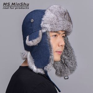 Chapeau de trappeur en fourrure de lapin Unix avec coque en denim Chapeau de fourrure de lapin naturel Casquettes de ski d'hiver Véritable chapeau d'aviateur en fourrure Chapeaux d'oreillette d'hiver