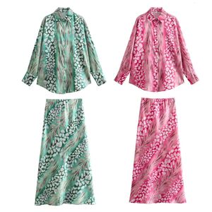 Unizer Spring Product Womens Fashion and Elegance Silk Texture Imprimé Shirt High Wirt Jirt décontracté Set 240428