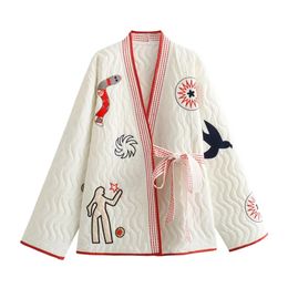 UNIZERA Winter Dames casual loszittende V-hals geborduurde katoenen jas en kimono-stijl bovenkleding 240108