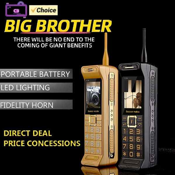 Desbloqueado Estilo Retro Gran Hermano Teléfono Móvil Antena Buena Señal Banco de Energía Espera Larga Extrovertida FM Bluetooth Antorcha Linterna Tarjeta Dual Sim Teléfono