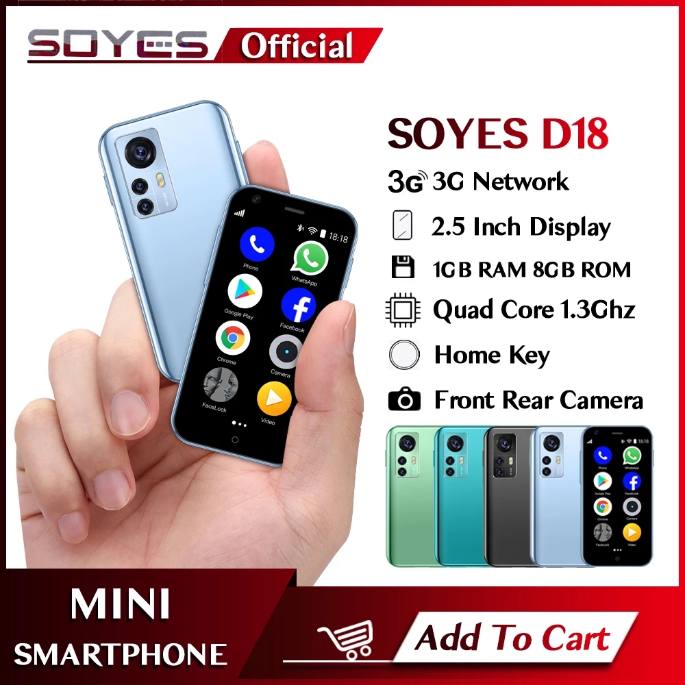 Unlocked SOYES D18 Mini Android Smart Phone 2.5 Inches Display Front Rear Camera Dual SIM TF Card Slot 1000mAh 3G Network Palm Smartphone