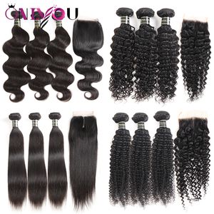 Bundles de cheveux vierges brésiliens non transformés avec fermeture en dentelle 3 offres groupées et partie centrale partie libre tisse fermeture