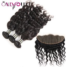 Paquetes de cabello brasileño de visón sin procesar con cabello humano de onda de agua frontal con cierre Extensiones de cabello de onda natural Solo para mujeres negras