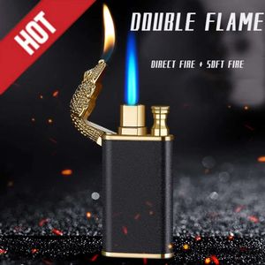 Inusual Blue Flame Metal Crocodile Doble Fire Dragon Lighter Creative Creative Direct a prueba de viento Conversión de fuego Abierto Regalo de hombre encendedor