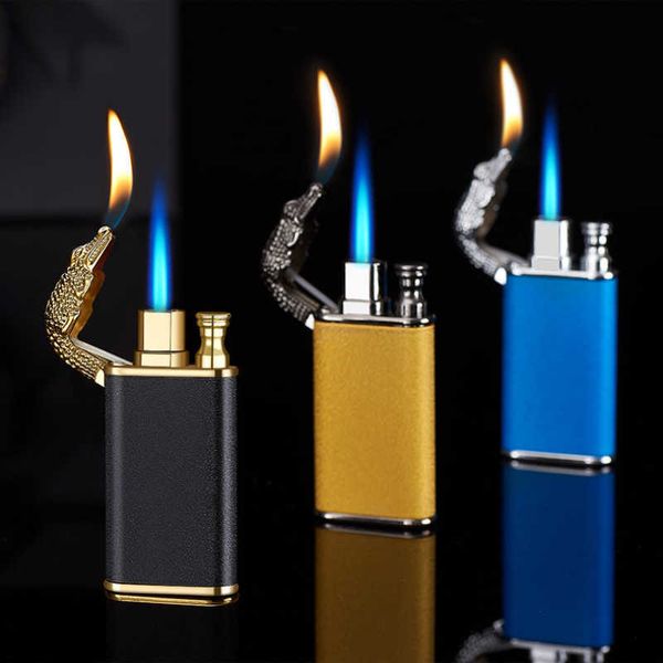 Briquet Crocodile Double feu en métal, flamme bleue inhabituelle, créatif, coupe-vent Direct, Conversion ouverte, cadeau pour homme FFXE