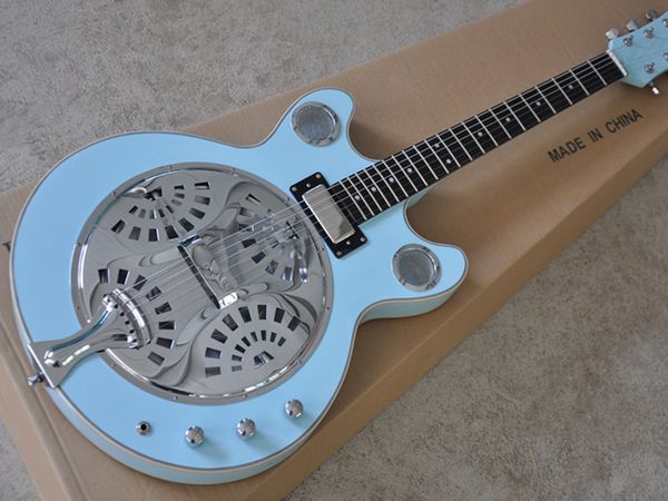 Guitarra eléctrica Echo de cuerpo azul de forma inusual con diapasón de palisandro, herrajes cromados, proporciona servicios personalizados