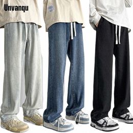 Unvanqu coréen Versi printemps haute qualité hommes jean ample droite taille élastique pantalon large Fi Street Denim pantalon 17to #