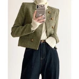 UNXX Herfst kleine geurstijl cropped blazer met lange mouwen Vintage casual tweed geruite blazer met dubbele rij knopen Dameskleding 240124