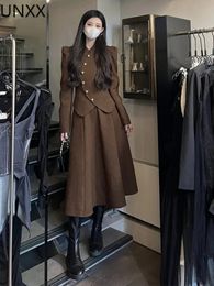 UNXX femmes costume manteau robe 2 Pic ensemble solide coréen doux bureau dame automne hiver à volants genou longueur Ladylike 240202