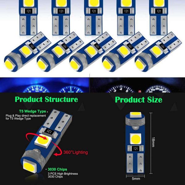 Ampoule Led T5 W3w W1.2W Canbus, éclairage intérieur de voiture, tableau de bord, indicateur de réchauffement, lampe d'instrument automobile 12V, mise à jour 10 pièces