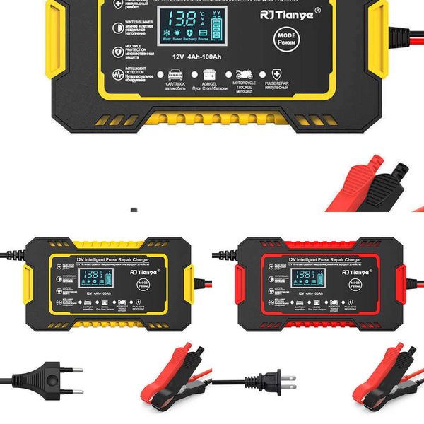 Cargador inteligente de batería automotriz de 12V y 6A con pantalla táctil LCD para reparación de pulsos, ácido de plomo seco y húmedo