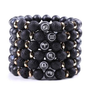 Bracelet en pierre naturelle noire pour hommes et femmes, mise à jour, douze constellations, signe d'horoscope, perles, bijoux à la mode
