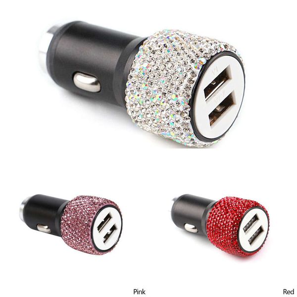 Mise à jour du chargeur de voiture USB Bling 5V 2.1A double port adaptateur rapide 4 couleurs décor style de voiture diamant accessoires de voiture intérieur pour femme filles