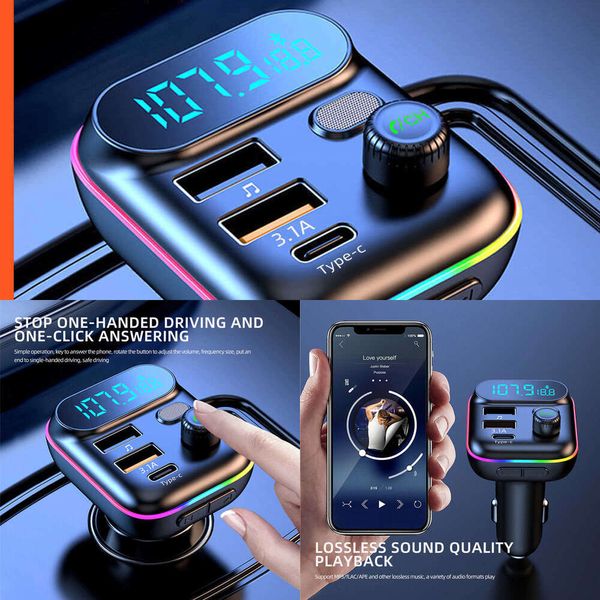 Actualización de coche Bluetooth 5,0 transmisor FM rápido USB tipo C cargador de coche colorido Kit de manos libres para coche reproductor Mp3 compatible con tarjeta TF B