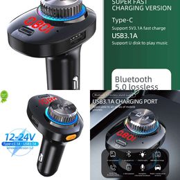 Update Autolader USB Type C 5V 3.1A FM-zender Bluetooth-adapter Draadloos handsfree bellen Stereo mp3-speler met omgevingslicht