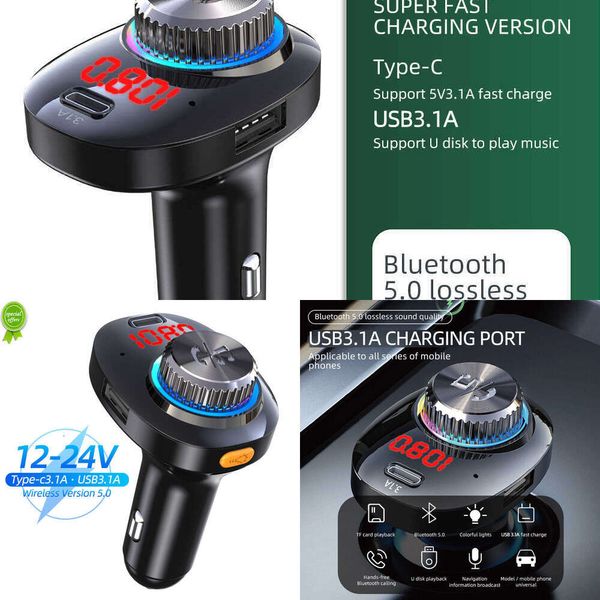 Actualización de cargador de coche USB tipo C 5V 3.1A Transmisor FM Adaptador Bluetooth Llamada manos libres inalámbrica Reproductor Mp3 estéreo con luz ambiental