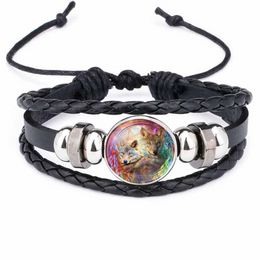 Update maan wolf handgemaakte glazen cabochon geweven lederen armband armband armband heren zwarte punk dieren armbanden hiphop sieraden drop -schip