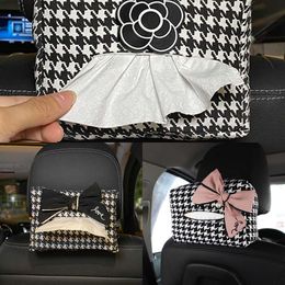 Actualización nueva Linda caja de pañuelos de coche con rejilla de lazo, reposacabezas de asiento de coche, soporte de torre de papel colgante, organizador para mujer, accesorios de Interior de coche de estilo