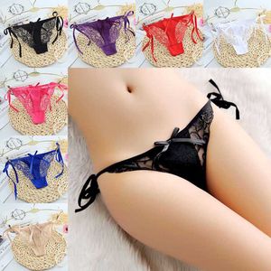 Mise à jour Sexy dentelle femmes culottes voir à travers taille basse ouvert entrejambe sous-vêtements slips nœud papillon perle Lingerie String G String T dos