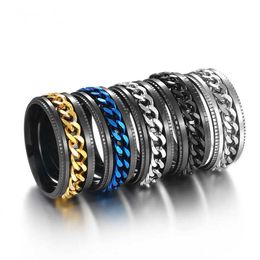 ACTUALIZACIÓN Acero inoxidable giro girar cadena anillos banda aliviar la presión cadenas de oro anillo para hombre joyería de hip hop