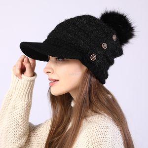 ACTUALIZAR Invierno Cálido Fleece Forrado Botón Sombrero Pelota de béisbol Sombrero de punto Gorras de calavera con ala Moda Mujer Sombreros Accesorios de moda Will y Sandy