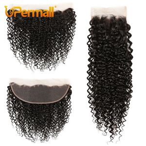 UPERMALL Kinky Curly 4x4 Lace Sluiting vooraf geplukte Zwitserse HD transparant 13x4 frontaal vrije onderdeel natuurlijk zwart 100% Remy Human Hair 240417