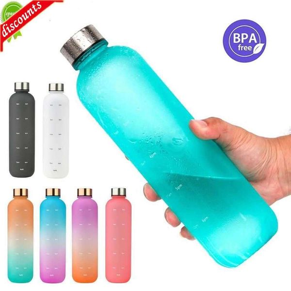 Botella de agua mejorada de 1 litro, botella para beber motivacional, botellas de agua deportivas con pegatinas de marcador de tiempo, vasos de plástico reutilizables portátiles