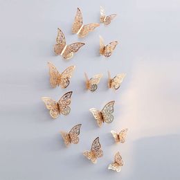 Mise à niveau 12 pièces autocollant mural papillon creux 3D pour la décoration de la maison autocollants muraux bricolage pour chambres d'enfants décor de fête de mariage papillon réfrigérateur