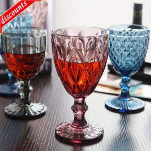 Upgrade 300 ml wijnglazen gekleurde glazen beker met steel 10 oz vintage patroon reliëf romantische drinkware voor feest bruiloft