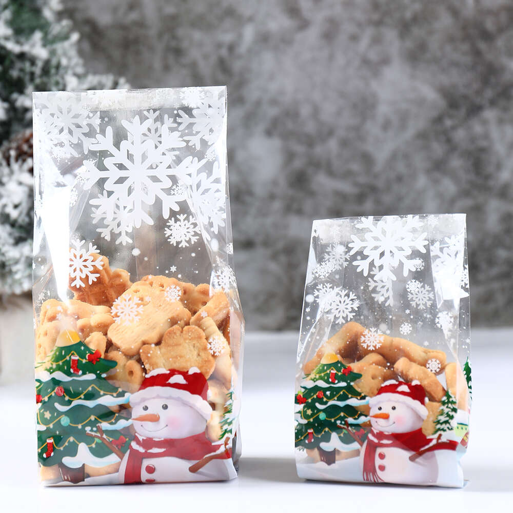 Mise à niveau 50pcs mignon bonhomme de neige cadeaux en plastique sacs bonbons biscuit cuisson sac d'emballage joyeux noël nouvel an hiver fête décoration faveurs