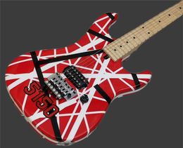 Actualización Big Headstock Eddie Van Halen 5150 Blanco Raya negra Guitarra eléctrica roja Floyd Rose Tremolo Tuerca de bloqueo, Diapasón de mástil de arce 369