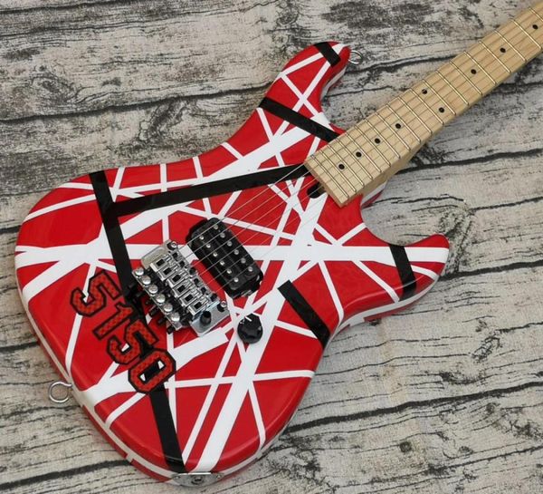 Mise à niveau Big Headstock Eddie Van Halen 5150 Blanc Noir Stripe Rouge Guitare électrique Floyd Rose Tremolo Écrou de verrouillage Manche en érable F6993637