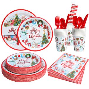 Mise à niveau du thème de Noël, fournitures de fête, père Noël, bonhomme de neige, vaisselle jetable, tasse, assiette, serviette, drapeau, emballage, bonne année 2023