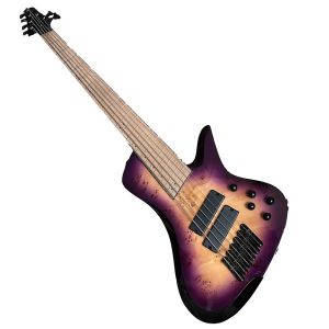 Mise à niveau Fanned Fret 6 cordes guitare basse électrique violet Burl Burst couette dessus en érable frette en acier inoxydable