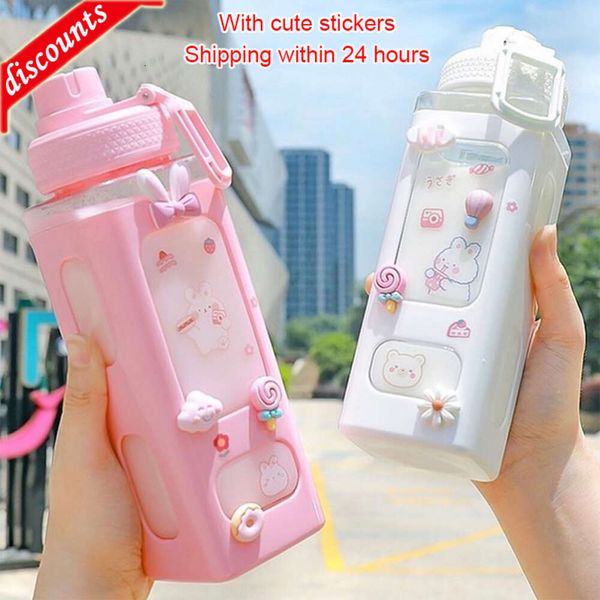 Mise à niveau Kawaii Shaker bouteille d'eau avec autocollant de paille mignon sans BPA 700 ml/900 ml en plastique thé lait Portable Gourde boisson bouteille pour fille