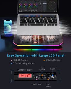 Almohadilla de enfriamiento por computadora portátil de actualización, Lights RGB LAPTOP Coacher 6 ventiladores para computadoras portátiles de 15.6-17.3 pulgadas, 7 soportes de altura, 10 modos de luz, 2 puertos USB