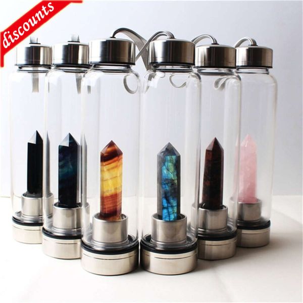Botella de agua de cristal Natural de 500ML, vaso con gema de cuarzo, bienestar energético, regalo para beber directo