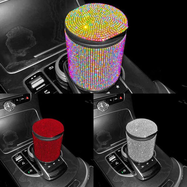 Cenicero portátil mejorado para coche con luz Led, cenicero de diamante de cristal con cubierta, decoración automática, accesorios ostentosos para coche para mujer