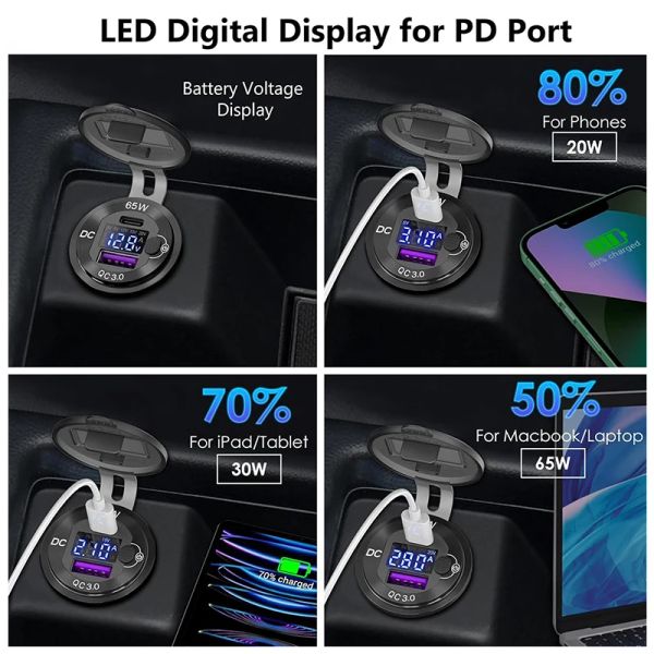 Adaptateur de charge de chargeur de voiture 83W Socker 65W PD QC 3.0 Adaptateur de charge rapide pour Motorcycle RV 65W PD QC 3.0