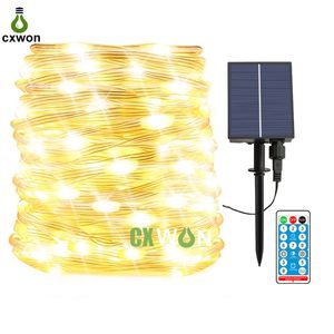 Cadena de luces LED solares mejoradas de 23 M, 200 LED, Hada para exteriores, 8 modos, cable verde, cuerdas de luz multicolor, lámpara navideña impermeable para exteriores, blanco cálido