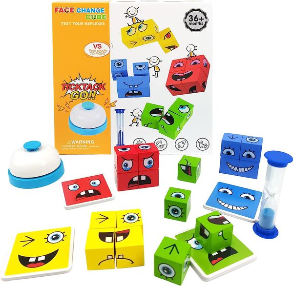 Jouets de puzzle d'expression améliorés Cubes de construction Cube à changement de visage en bois Blocs de construction Jouet avec cloche et horloge de sable Jeux de société assortis pour les enfants de 3 ans et plus