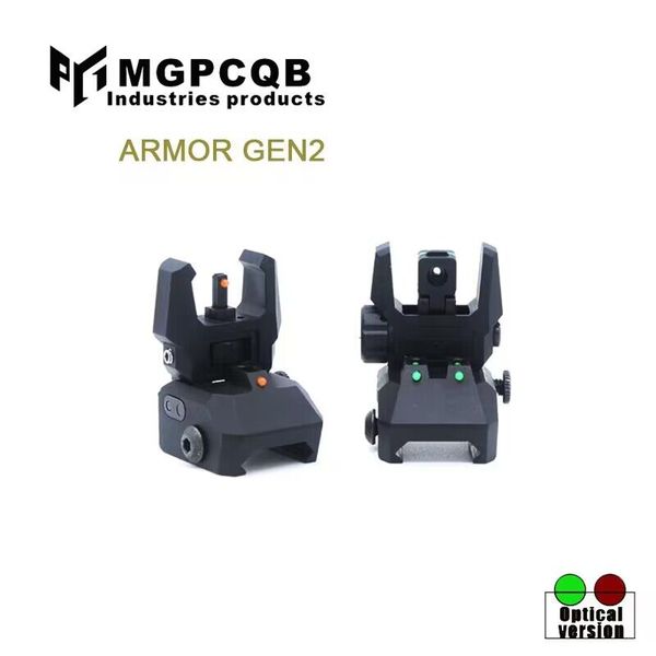 Mira de fibra mejorada Armor Gen 2, miras plegables delanteras y traseras de respaldo, abatibles hacia arriba, mira de fibra roja y verde para M4 Ar15, ajuste de 20mm