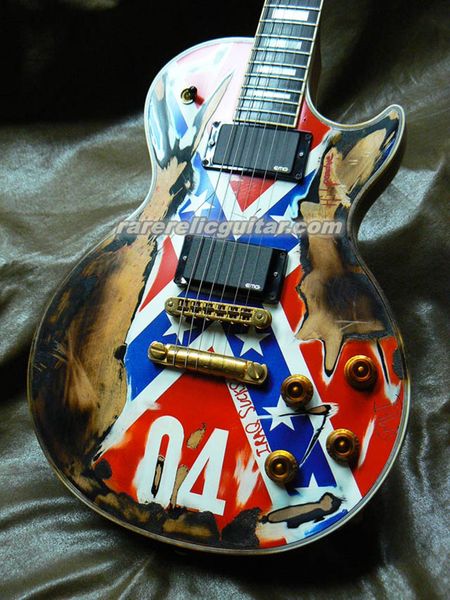 Reliquia pesada mejorada 1987 Zakk Wylde 04 REBEL FLAG Guitarra eléctrica Fire Burn China Pastillas EMG activas Caja de batería de 9 V Sintonizadores Gorver Hardware dorado Cuerpo con acabado satinado