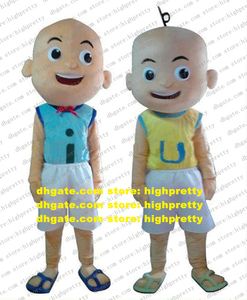 Upin ipin kale kindermonnik mascotte kostuum volwassen maat met blauw vest gele jas rode stropdas witte broek nr. 4797