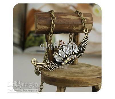 Fashion Vintage Alloy Angel Wing Crown Shape necklace Sweater Chain Acrylic Stone Necklaces Women's 15pcs/lot
