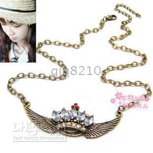 Fashion Vintage Alloy Angel Wing Crown Shape necklace Sweater Chain Acrylic Stone Necklaces Women's 15pcs/lot