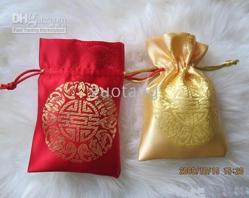 Lucky Trekkoord Satijn Stof Kleine Sieraden Gift Tassen Chinese Etnische Stijl Bruiloft Party Verpakking Pouches Maat 9 * 12 cm 200 stks / partij